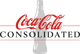 A coca cola consolidated logo with a bottle in the background