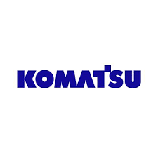 The komatsu logo is blue and white on a white background.