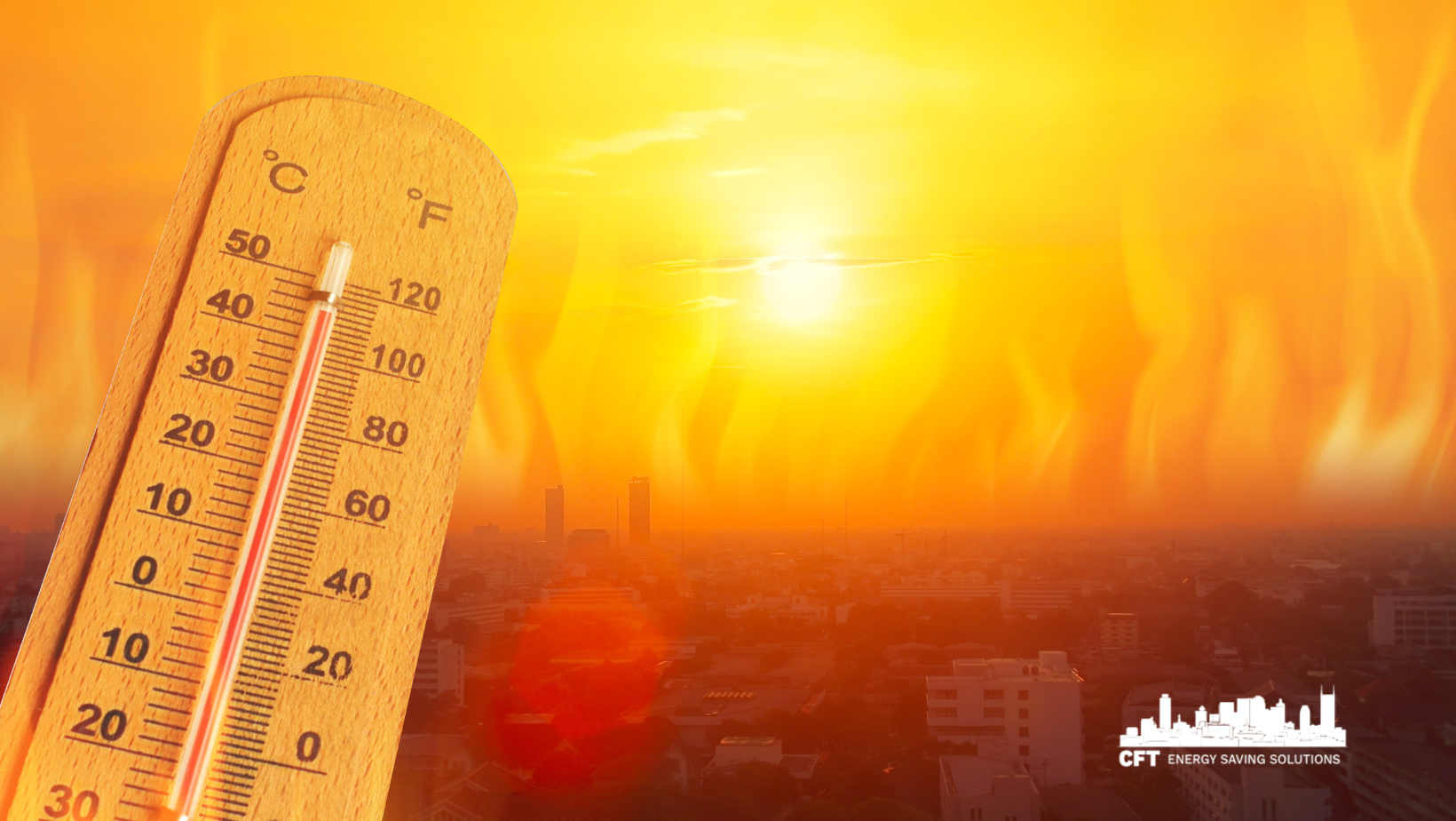 A wooden thermometer is sitting in front of a bright orange sun.