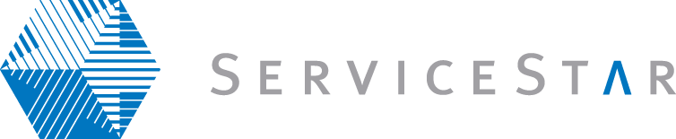 A blue and white servicestar logo on a white background