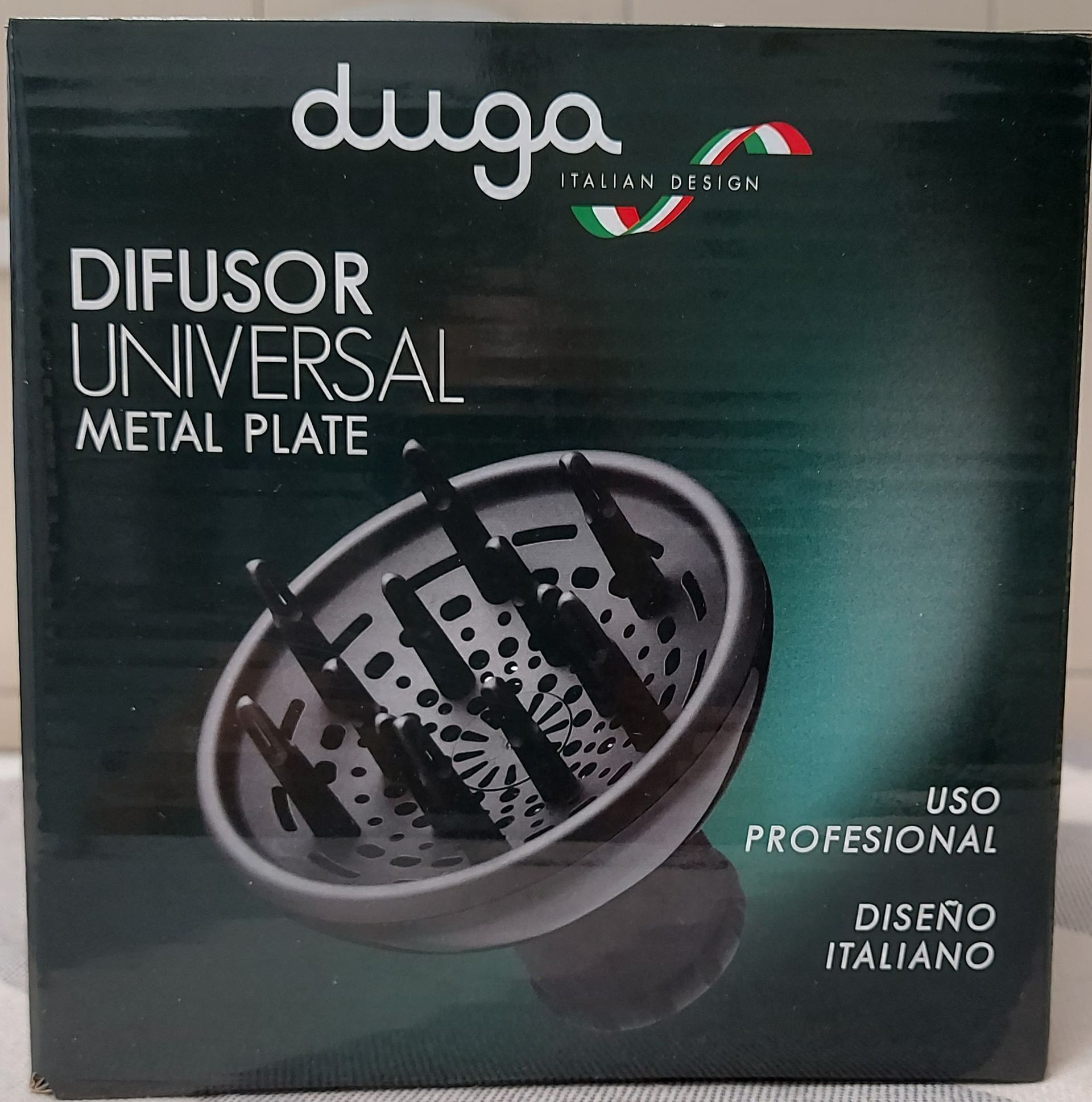 Caja para difusor de pelo universal Duga con placa metálica y diseño italiano.