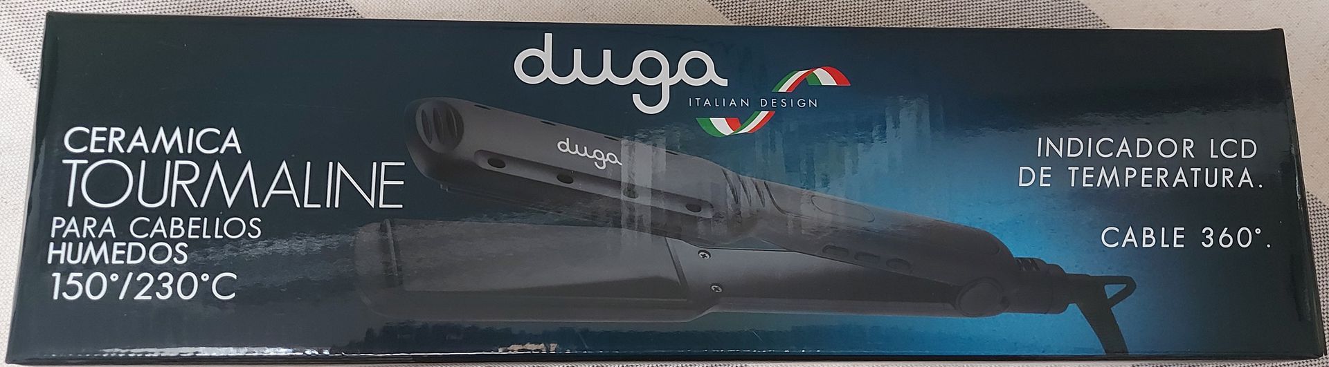 Caja de plancha de pelo Duga. Incluye placa de cerámica y turmalina y un indicador de temperatura LCD.