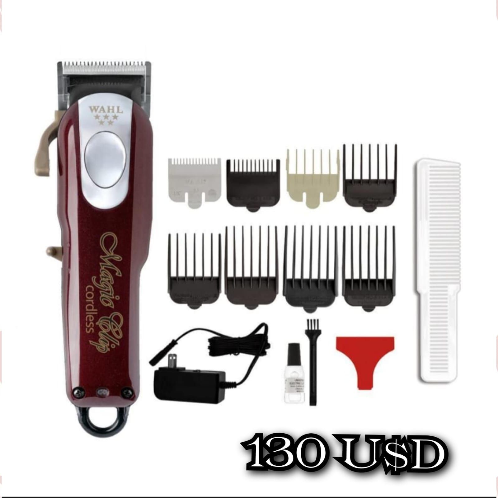 Kit de cortadora de cabello inalámbrica Wahl Magic Clip. Cortadoras rojas, plateadas y negras, protectores y accesorios. Precio: $130.