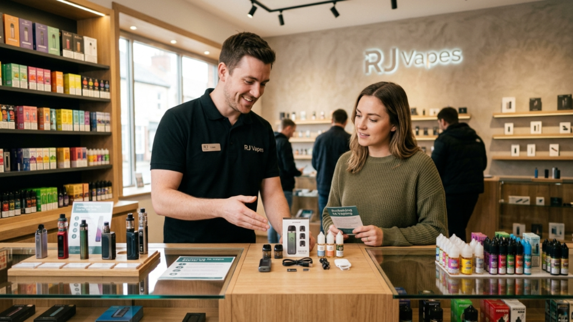 Vape shop employee helping beginner select vape starter kit