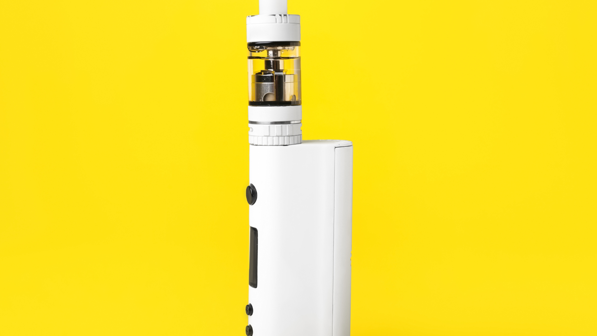 White vape mod with a clear tank on a bright yellow background.