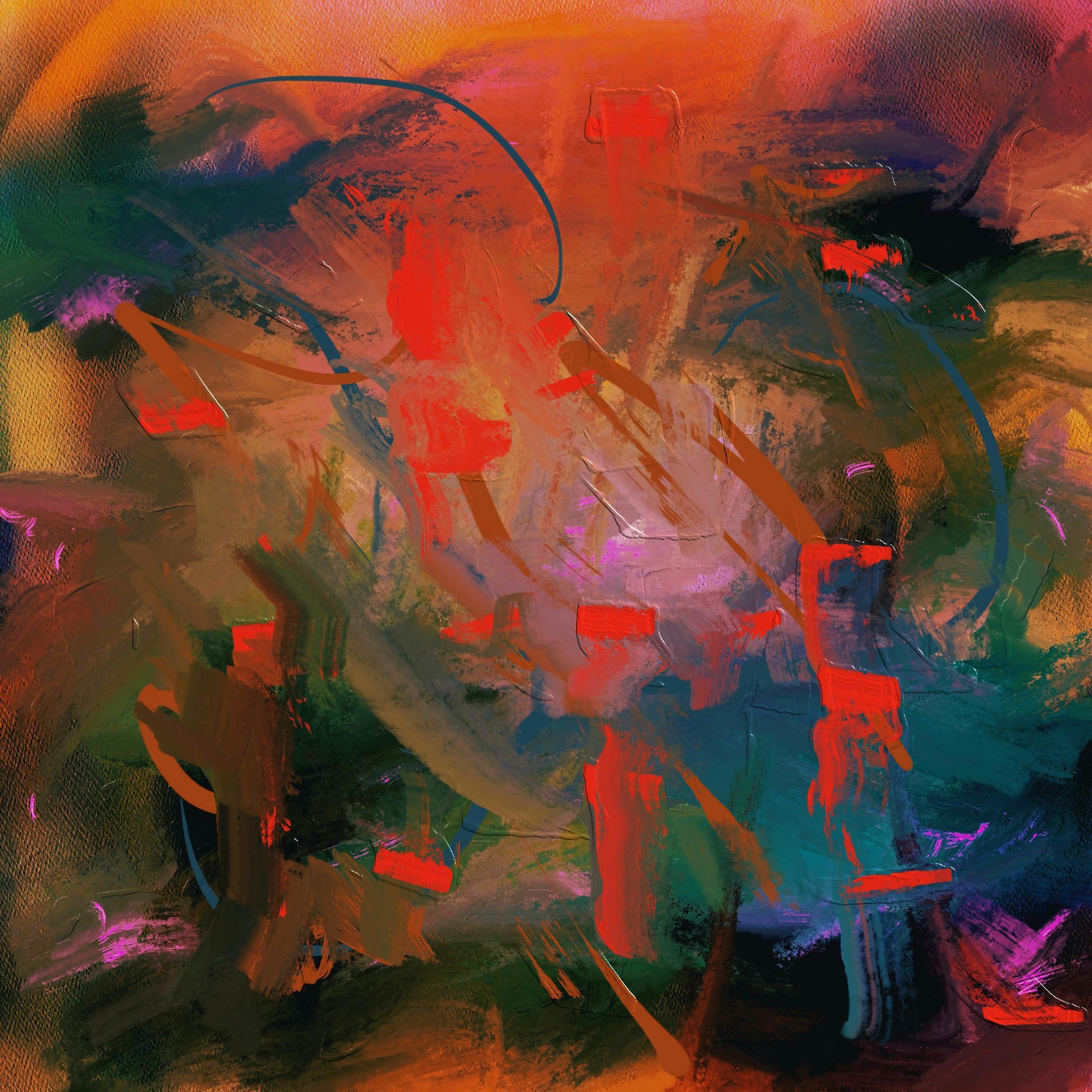 A colorful abstract painting with a lot of brush strokes on a black background.