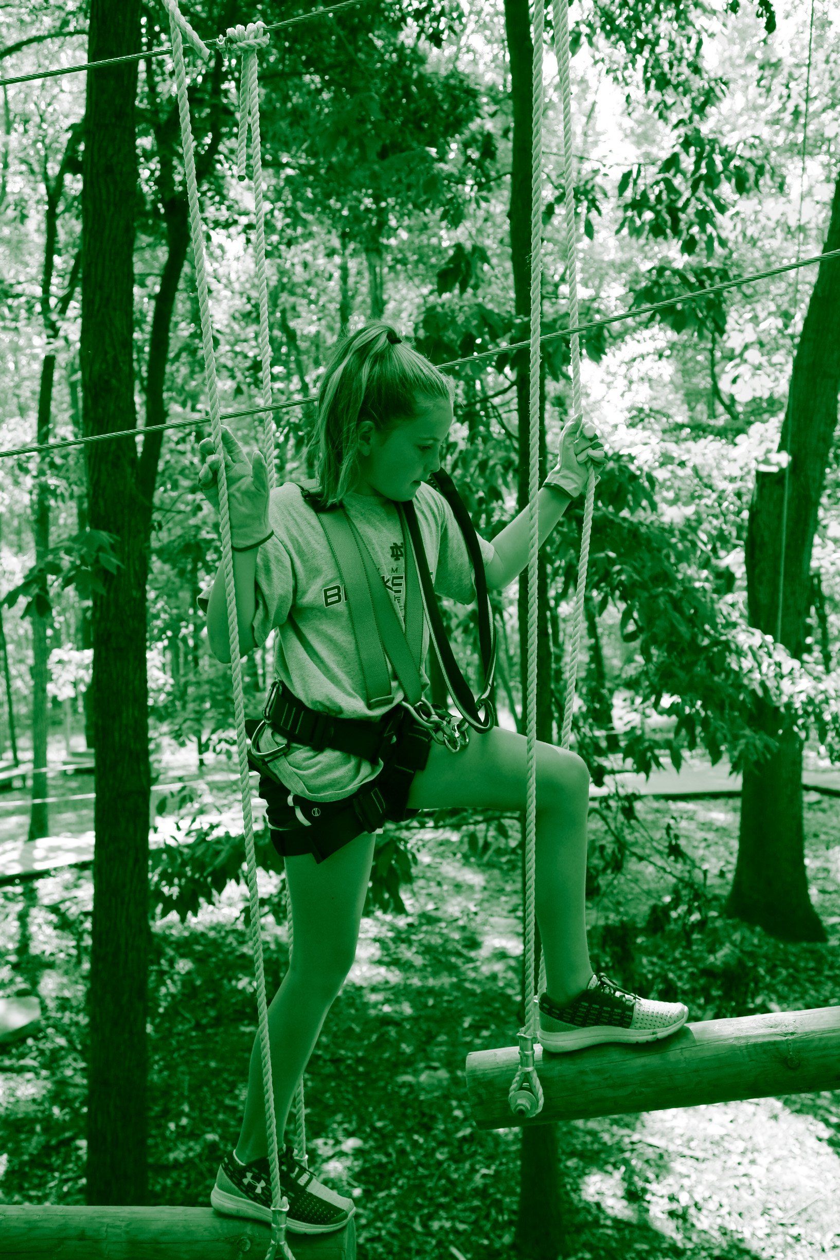 Climber on intermediate green trail of high ropes challenge course