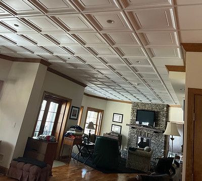 A living room with a tiled ceiling and a fireplace