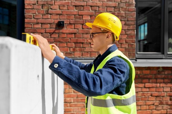 Construction worker in yellow helmet using a level on a concrete block, next to a brick wall.