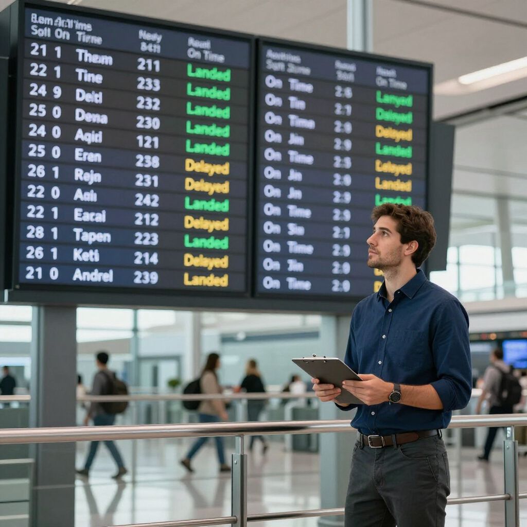 Man looking at flight information board in an airport, holding a clipboard. Some flights are delayed.