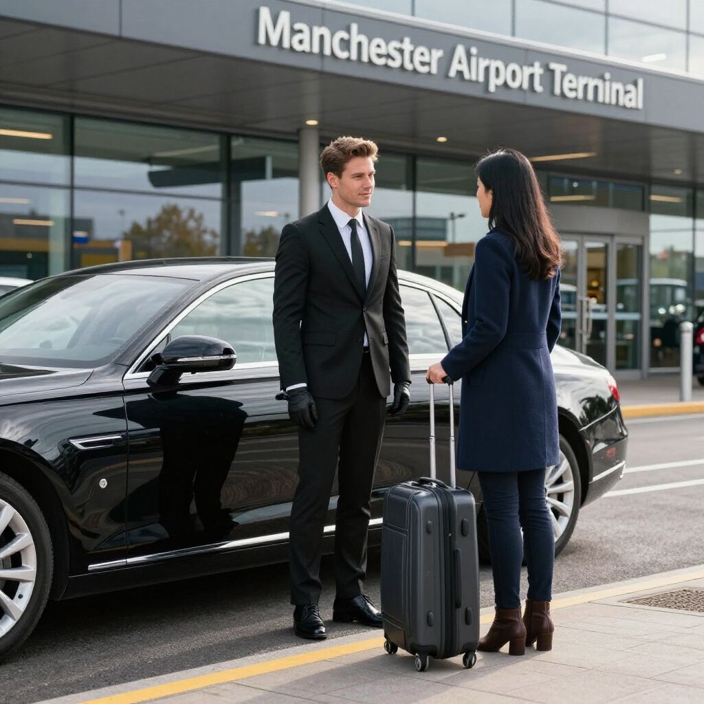 Man in suit assisting woman with suitcase near black car at Manchester Airport.