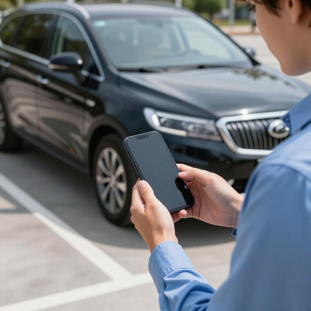 Person holding a smartphone in front of a black SUV in a parking lot.
