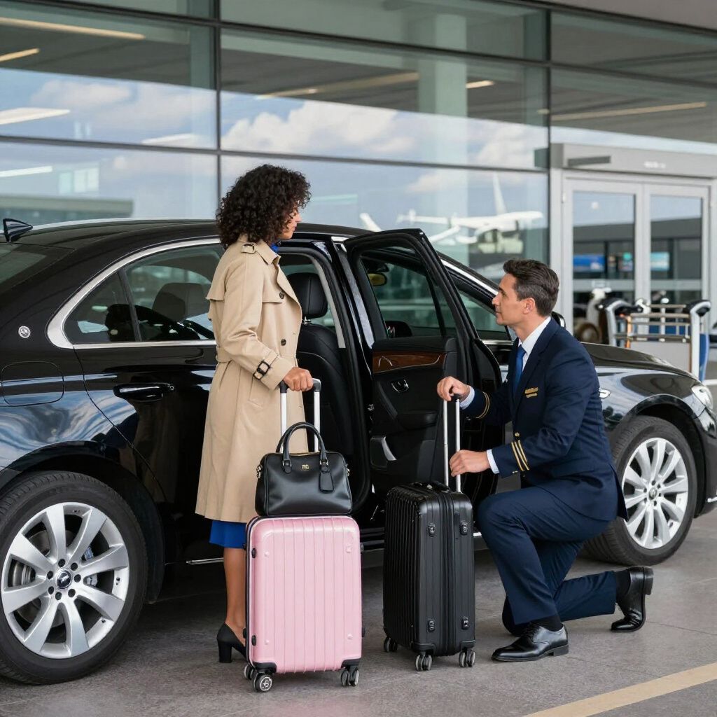A person exiting a black car, assisted by a uniformed driver holding luggage near an airport.