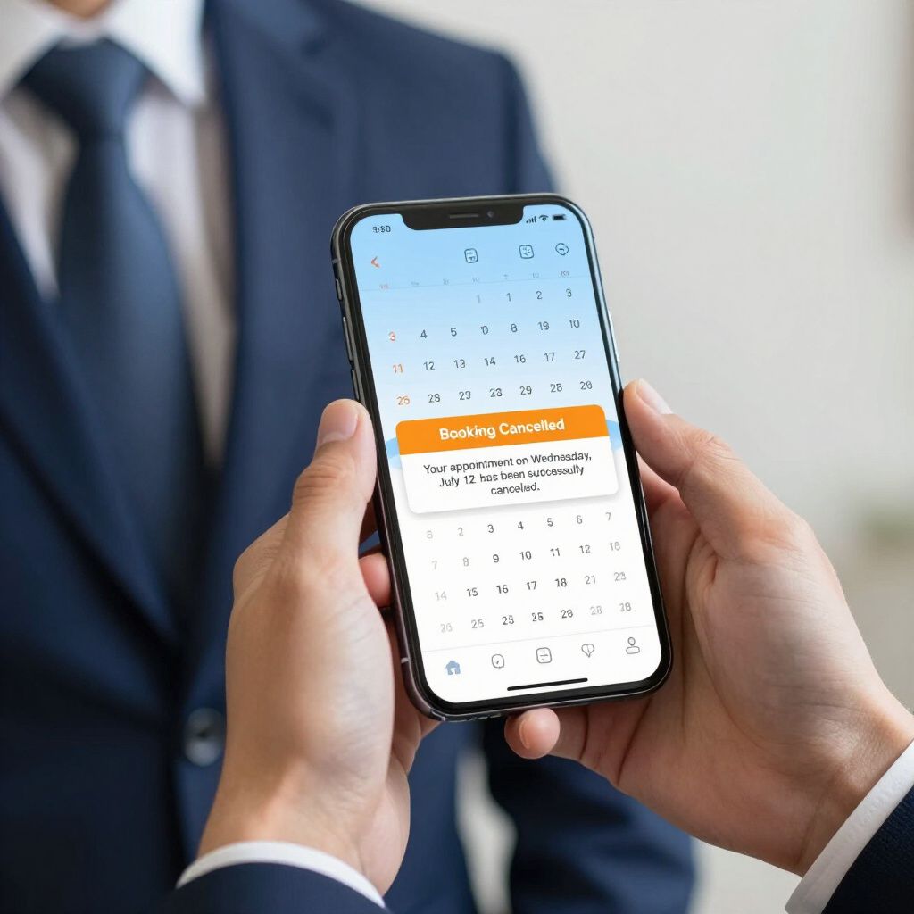 A person holding a phone displays "Booking Cancelled" on screen; another person in suit is visible.