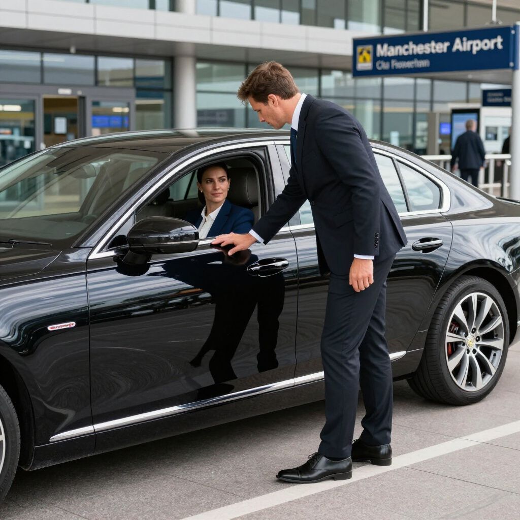 Man in suit assisting woman in black car at Manchester Airport.