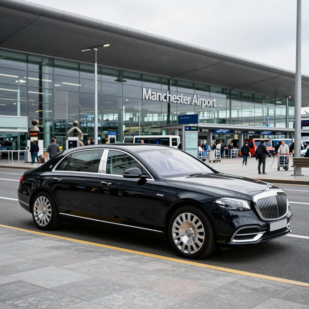 Black Maybach sedan parked at Manchester Airport, passengers and buildings in the background.