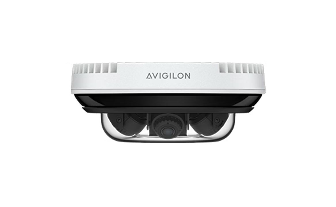 White and black Avigilon surveillance camera with three lenses.