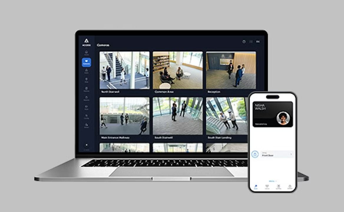 Laptop and smartphone displaying security camera footage and an ID card.