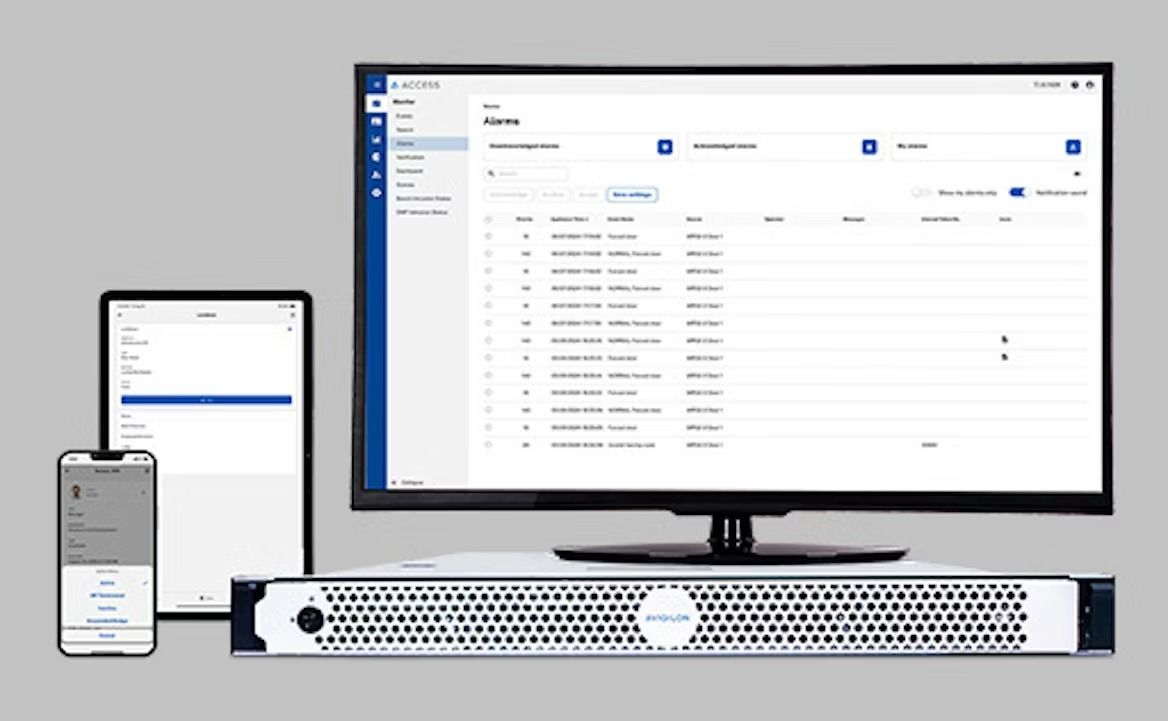 A computer screen, tablet, and phone display a web interface connected to a server.