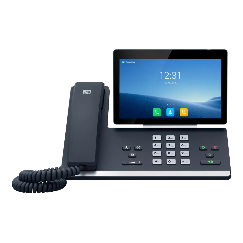 Dark gray VoIP phone with a large touchscreen displaying time and call icons.