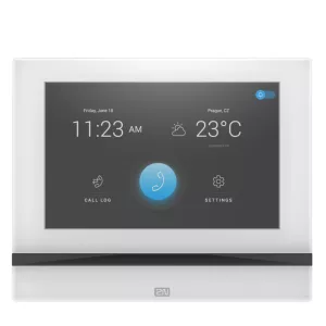 White intercom screen displaying time, weather, and call options.