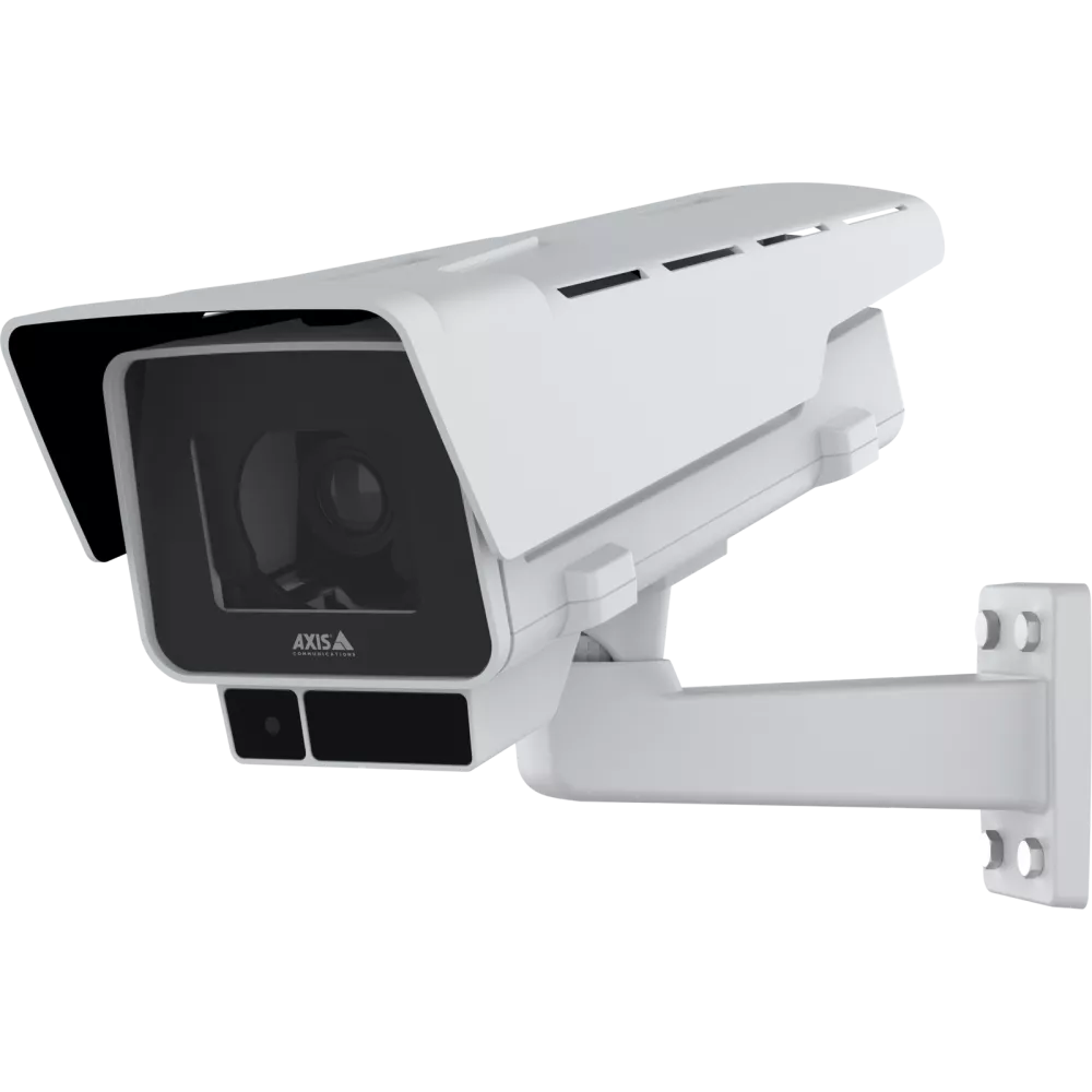 White security camera mounted on a wall bracket with a protective hood.