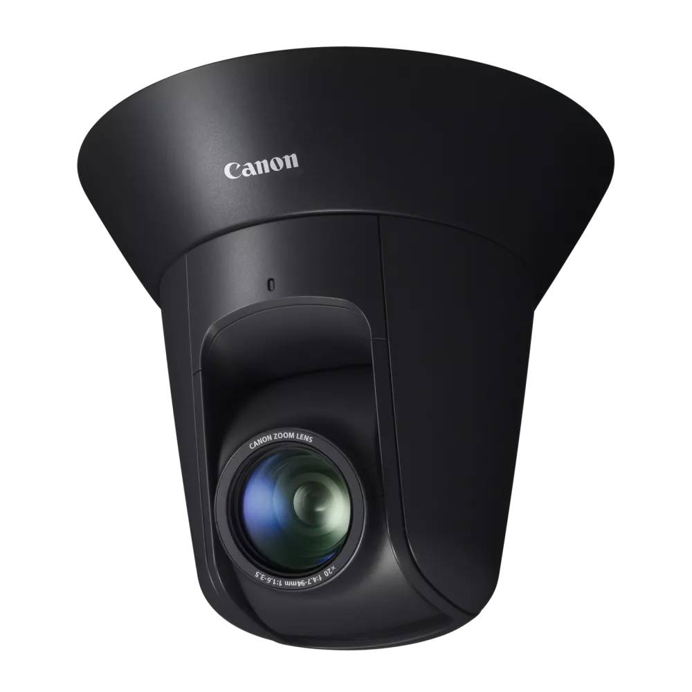 Black Canon PTZ security camera, dome-shaped, mounted on ceiling.