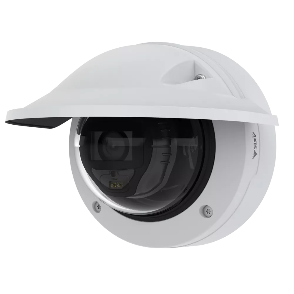 White security camera with a protective sun visor, outdoors.