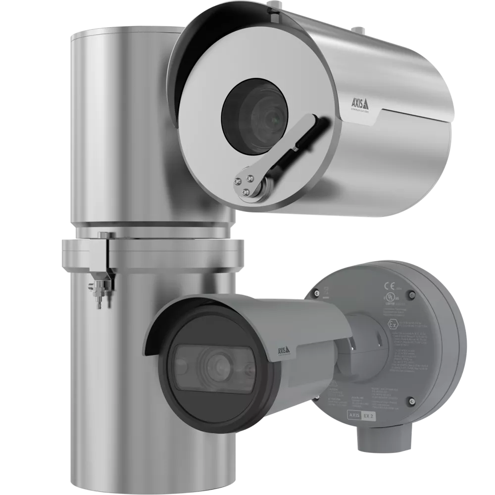 Security camera system with two cameras, one thermal, on a metallic mount.