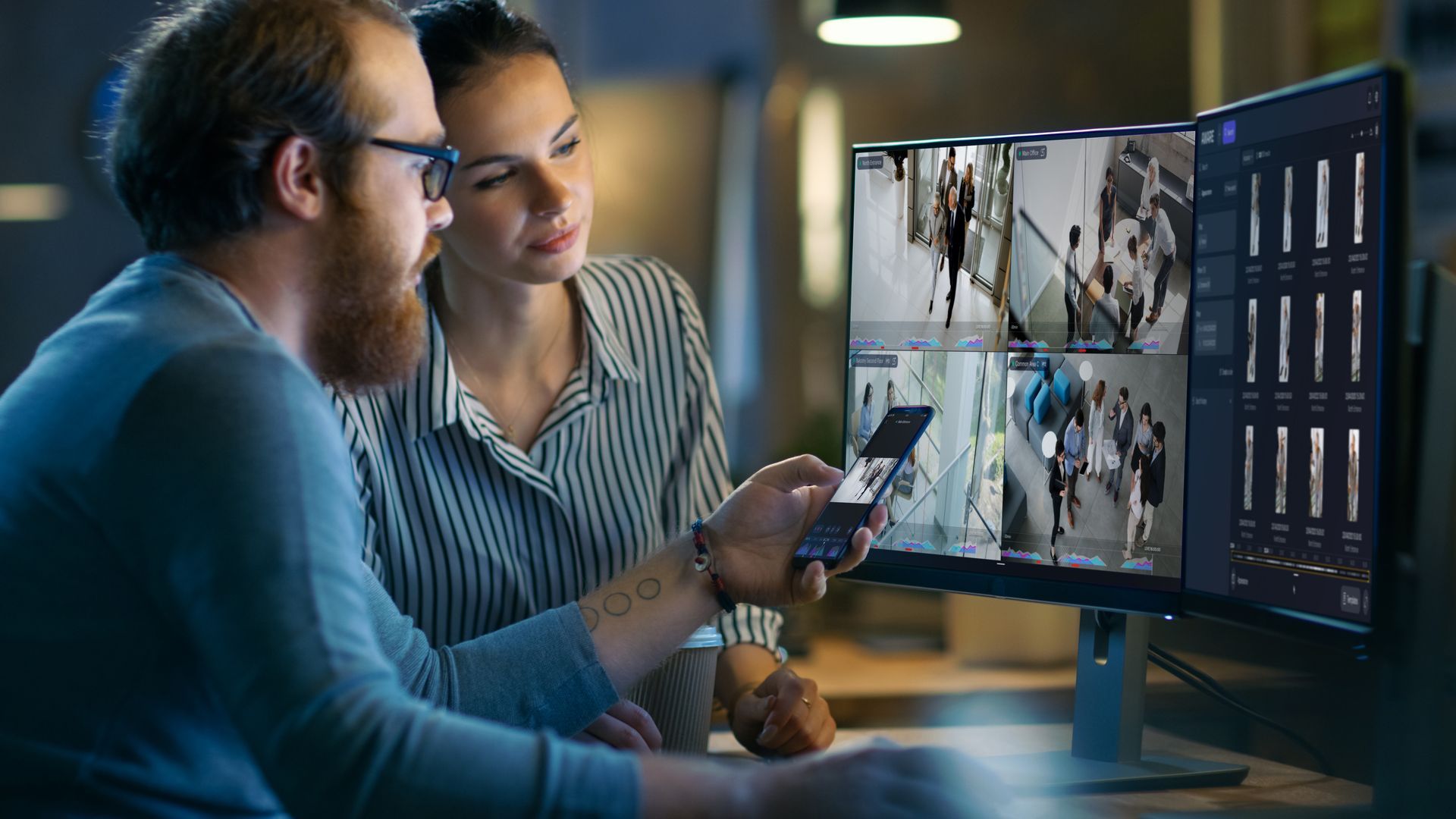 Man and woman looking at security camera footage on a computer screen, possibly reviewing incidents.