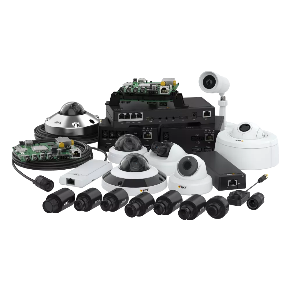 Security camera equipment, including various dome, bullet, and PTZ cameras, along with network switch and power supplies.