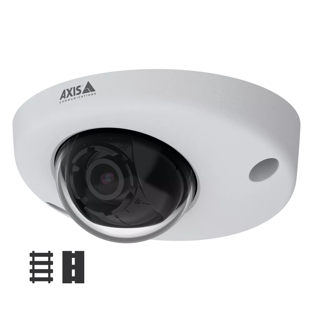 White, dome-shaped security camera with dark lens, mounted on a ceiling. Axis Communications logo on top.