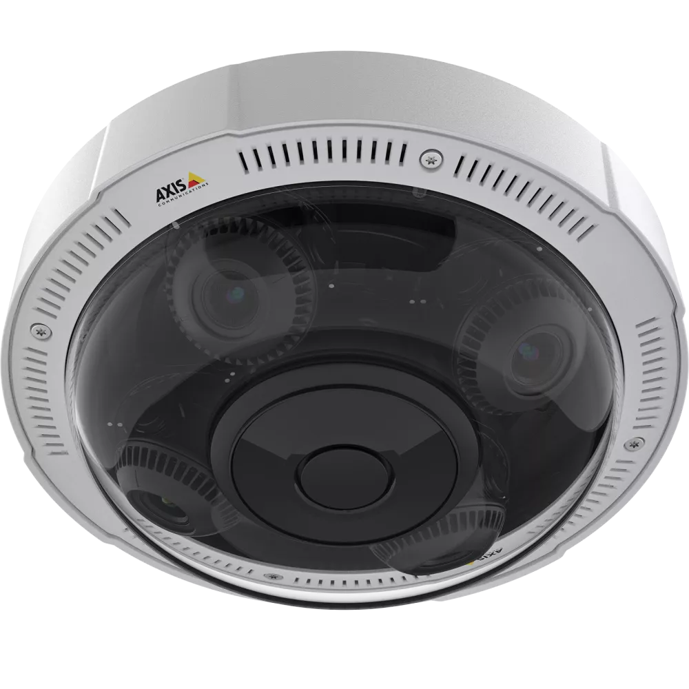 White dome security camera with multiple lenses.