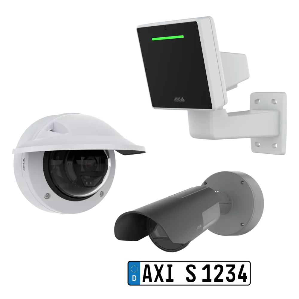 White security cameras and access control reader on white backgrounds; license plate reads
