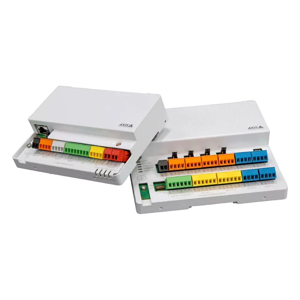 Two white electrical junction boxes with color-coded terminal blocks.