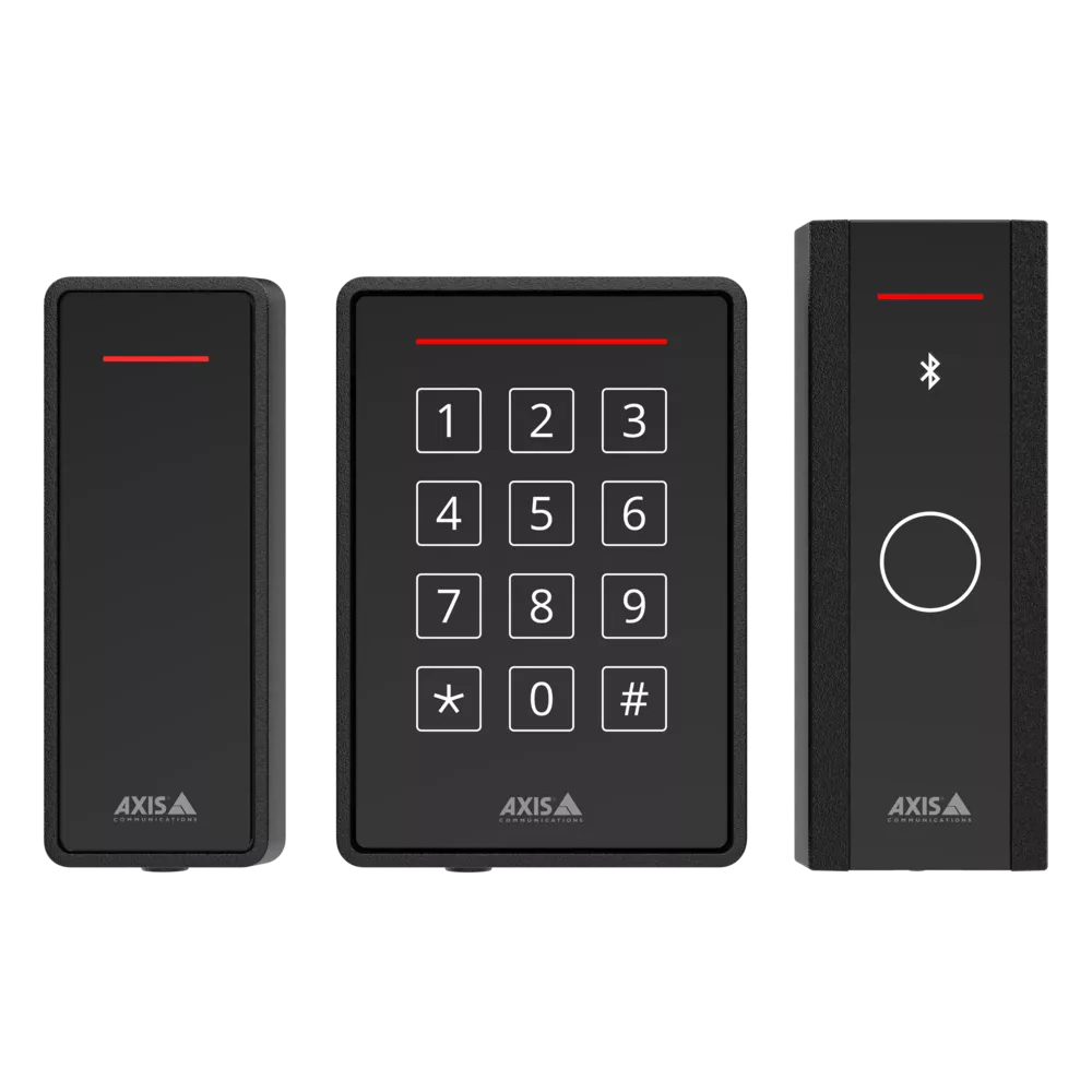 Three black Axis access control readers: card reader, keypad, and Bluetooth reader.