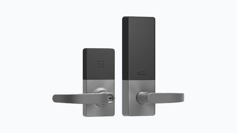 Two modern silver door locks with black keypads, one shorter than the other, against a white background.