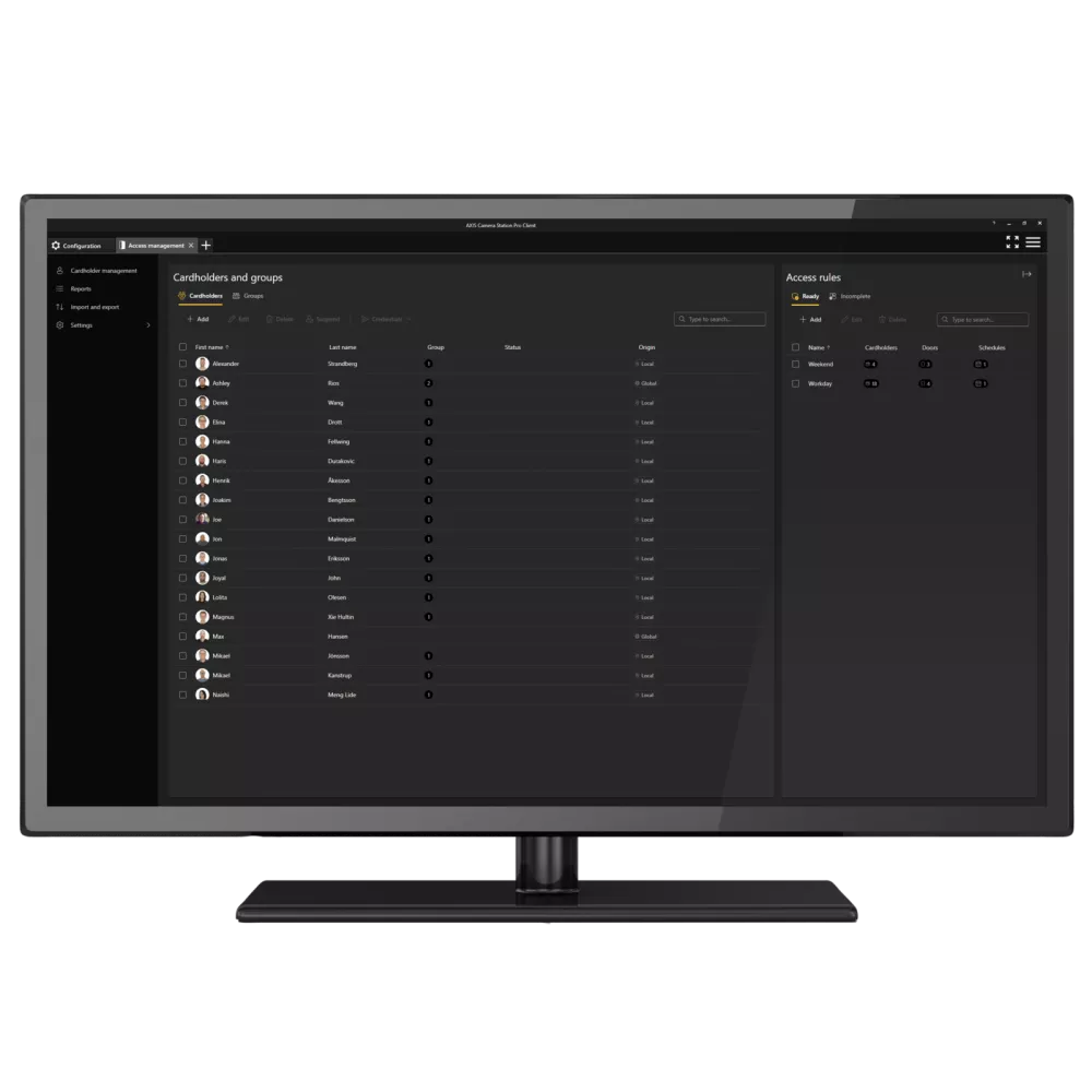 A black computer monitor displaying a dark interface with lists of items and options.
