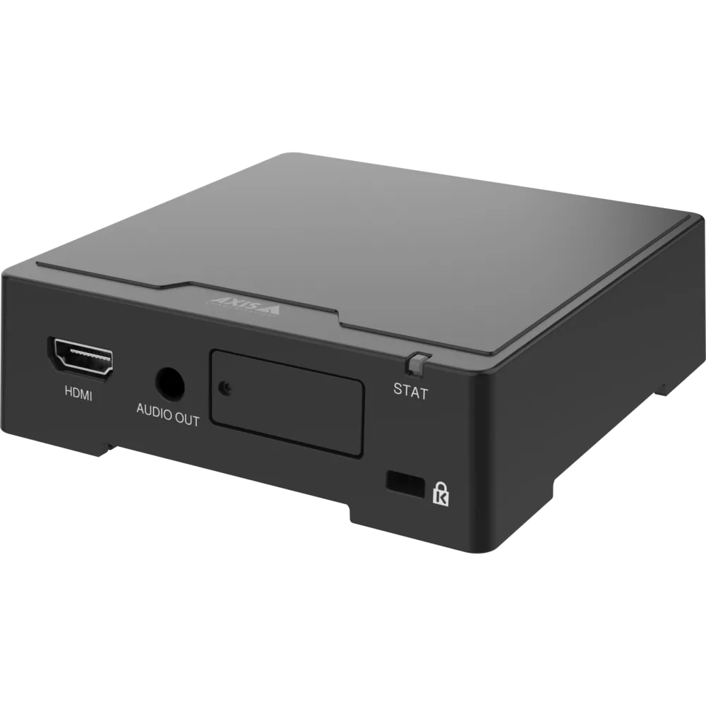 Black electronic device with HDMI, audio out, and SD card slot.