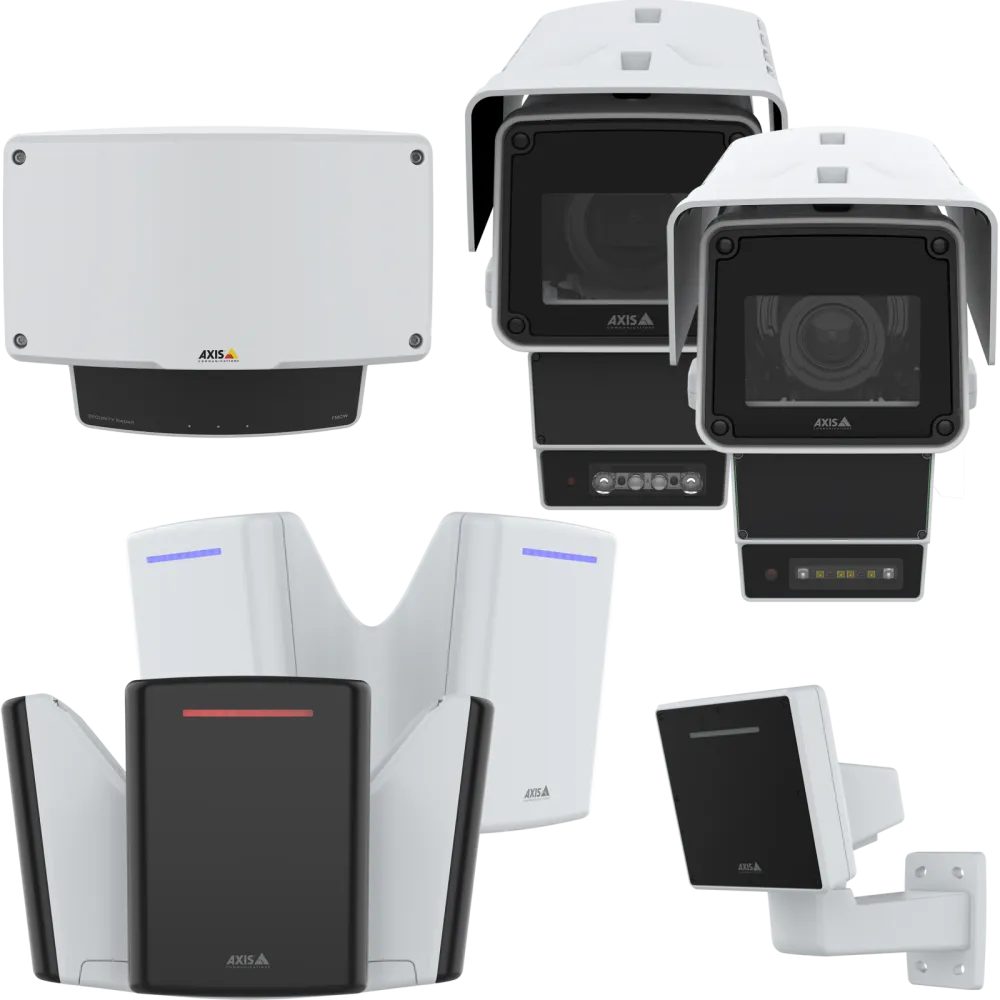 Collection of white and black security devices: cameras, access readers, and mounting brackets.