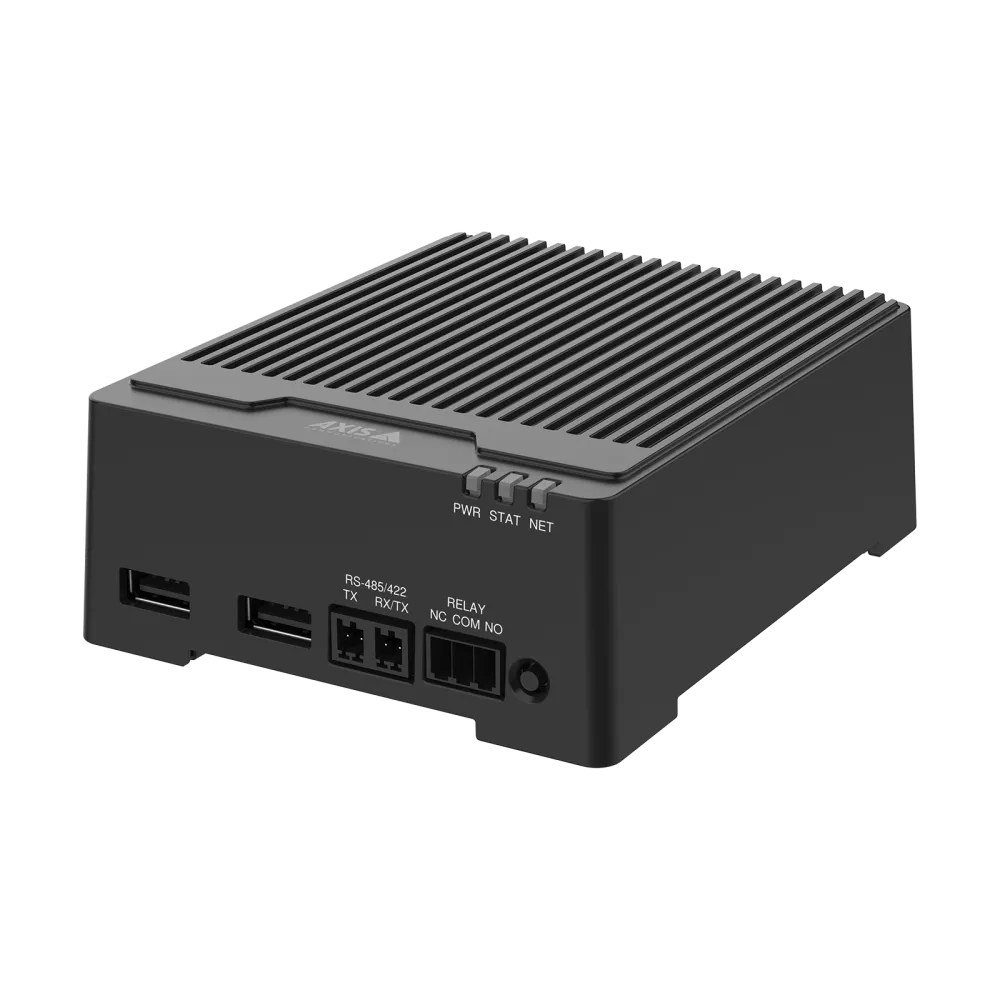 Black, rectangular electronic device with ribbed top. Has multiple ports, including USB, and indicator lights.