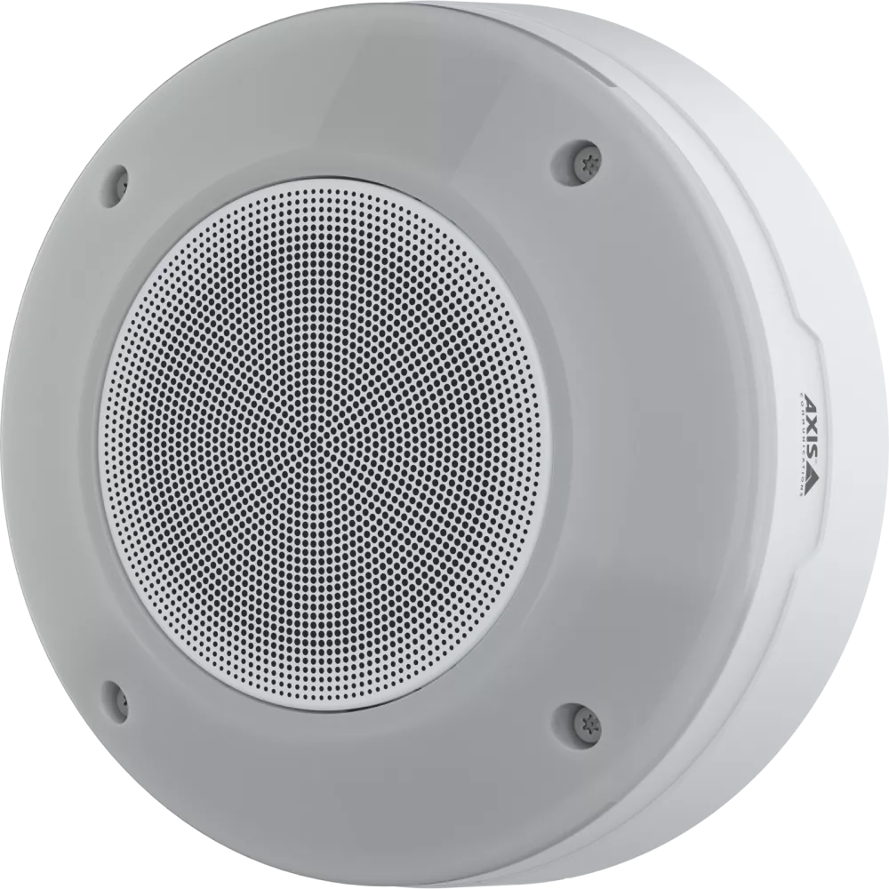 White and gray round speaker with a central mesh grill, mounted on a ceiling. Axis logo visible.