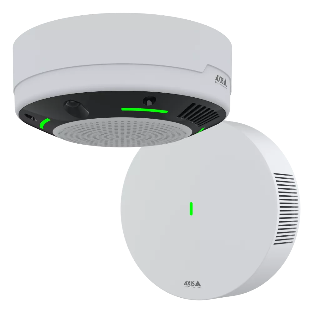 Two white, circular Axis devices; one suspended, one mounted on a wall, both with green lights.