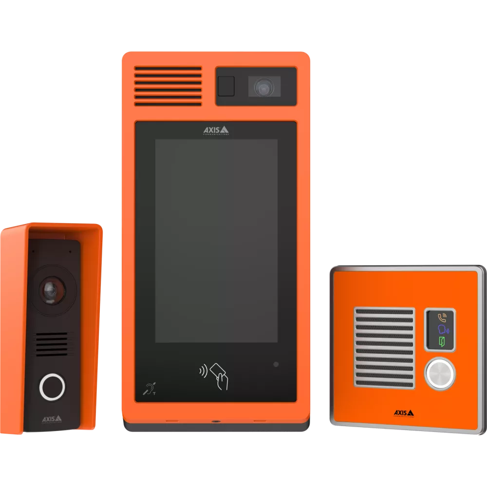 Orange intercom system components: door station, indoor monitor, and indoor station.