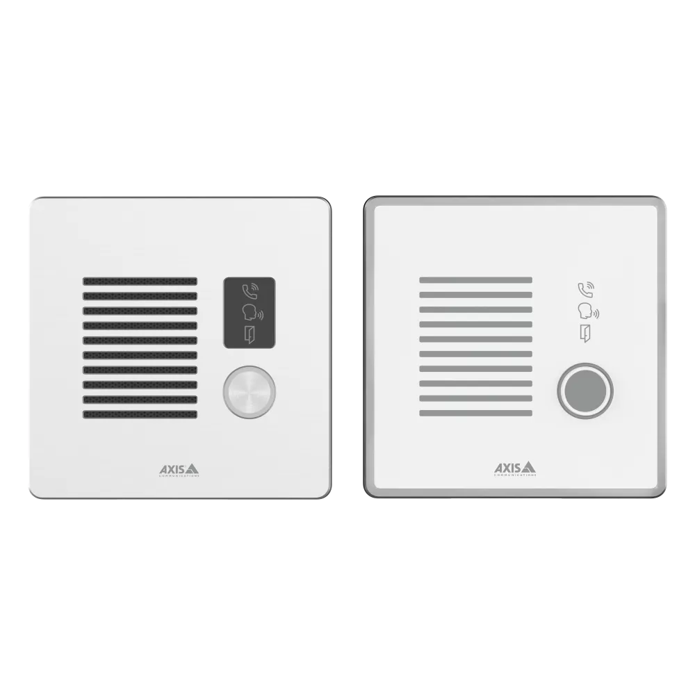 Two white intercom panels with speaker grilles and buttons.