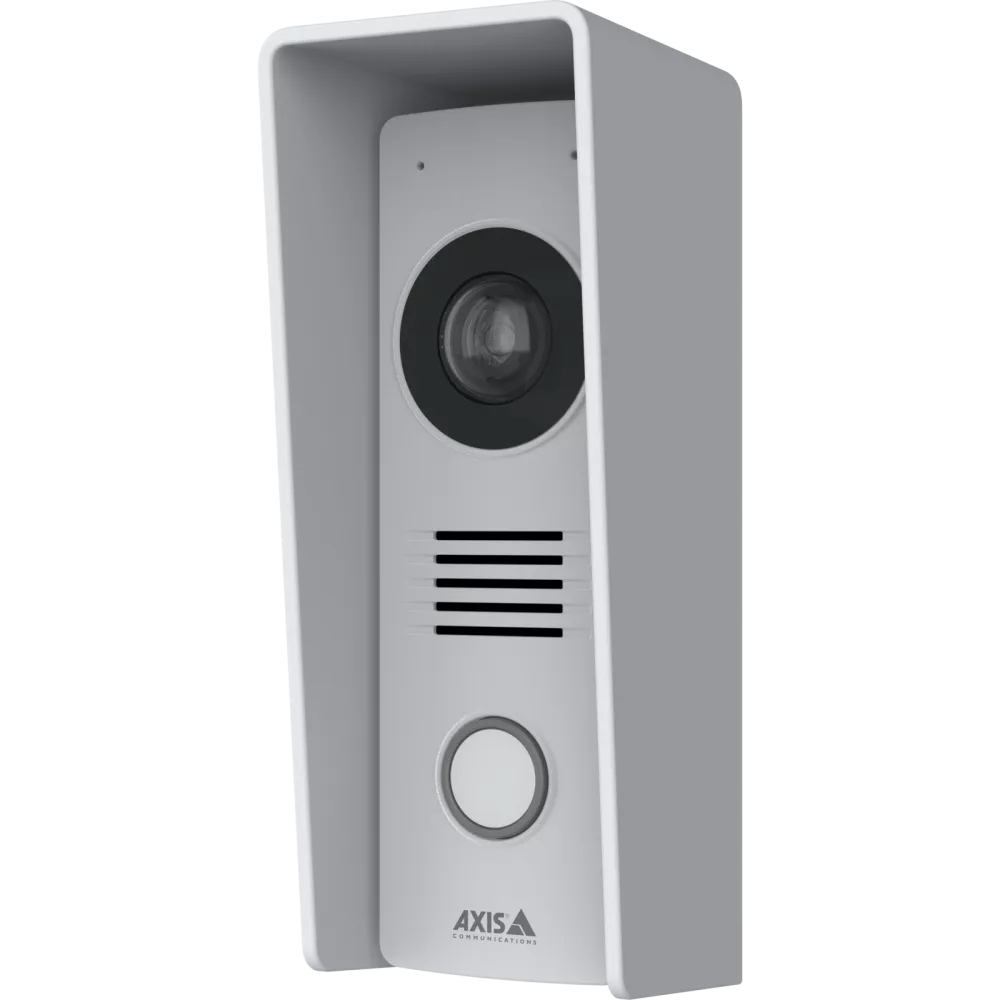 Silver Axis network video door station with a camera, speaker, microphone, and call button.