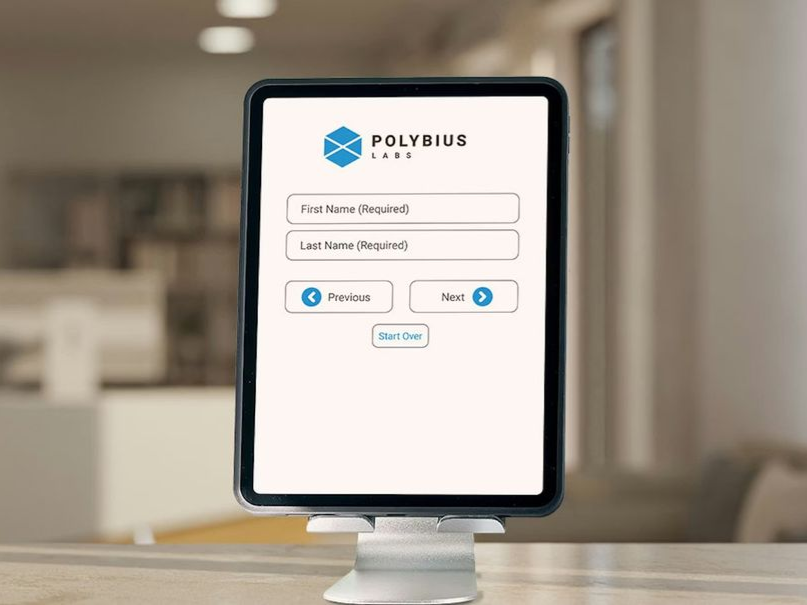 Tablet displaying a form for entering first and last name; a logo for