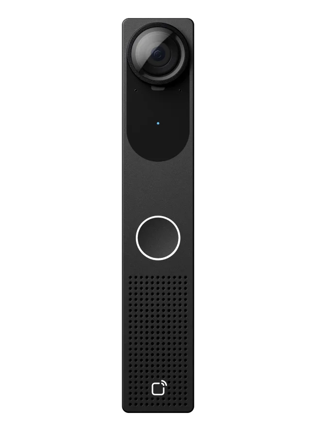 Black intercom with a top lens, button, and speaker.