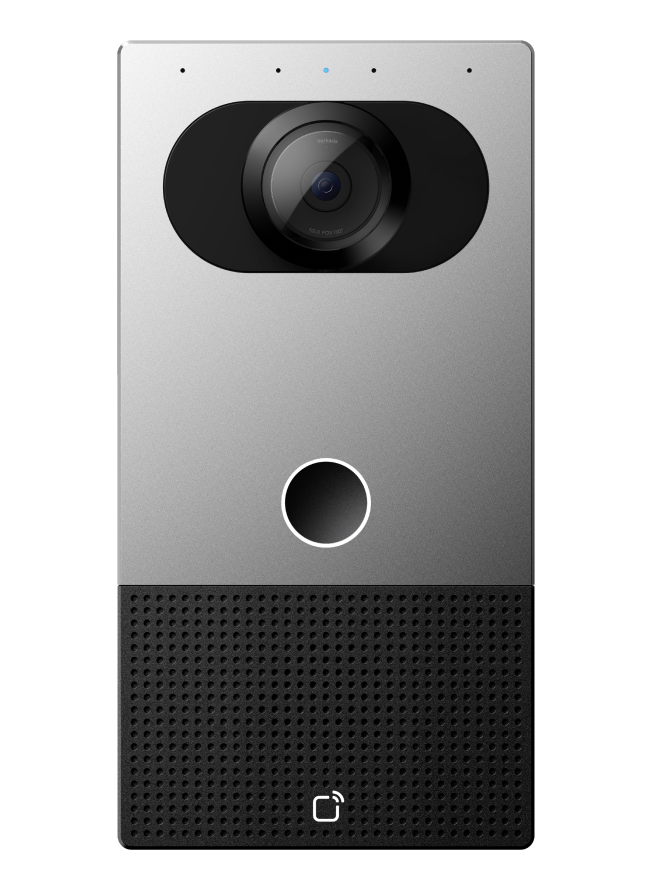 Silver and black intercom with camera and speaker.