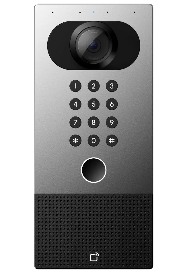 Silver and black intercom with keypad, camera, and speaker grill.